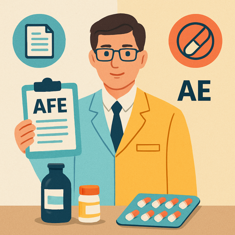 Ilustração de farmacêutico representando a diferença entre AFE e AE da ANVISA, com medicamentos e documentos regulatórios.