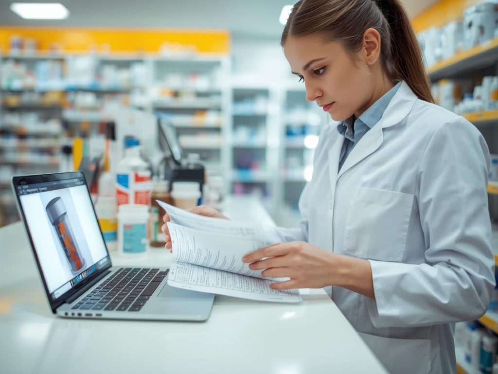 Farmacêutico de jaleco confere receituário impresso enquanto utiliza notebook para registrar no Sistema Nacional de Controle de Receituários (SNCR).