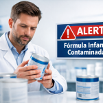 Farmacêutico analisando fórmula infantil com alerta de contaminação por toxina
