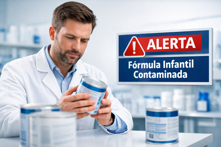 Farmacêutico analisando fórmula infantil com alerta de contaminação por toxina