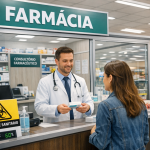 Farmacêutico atendendo paciente em farmácia dentro de supermercado com estrutura separada e controle sanitário
