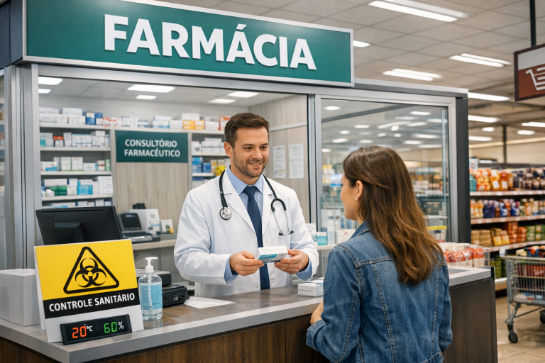 Farmacêutico atendendo paciente em farmácia dentro de supermercado com estrutura separada e controle sanitário