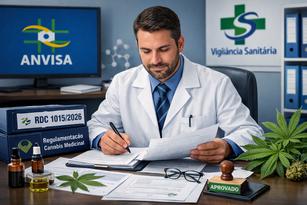 Farmacêutico consultor analisando documentos regulatórios da ANVISA sobre a RDC 1015/2026 e produtos de Cannabis medicinal no Brasil.