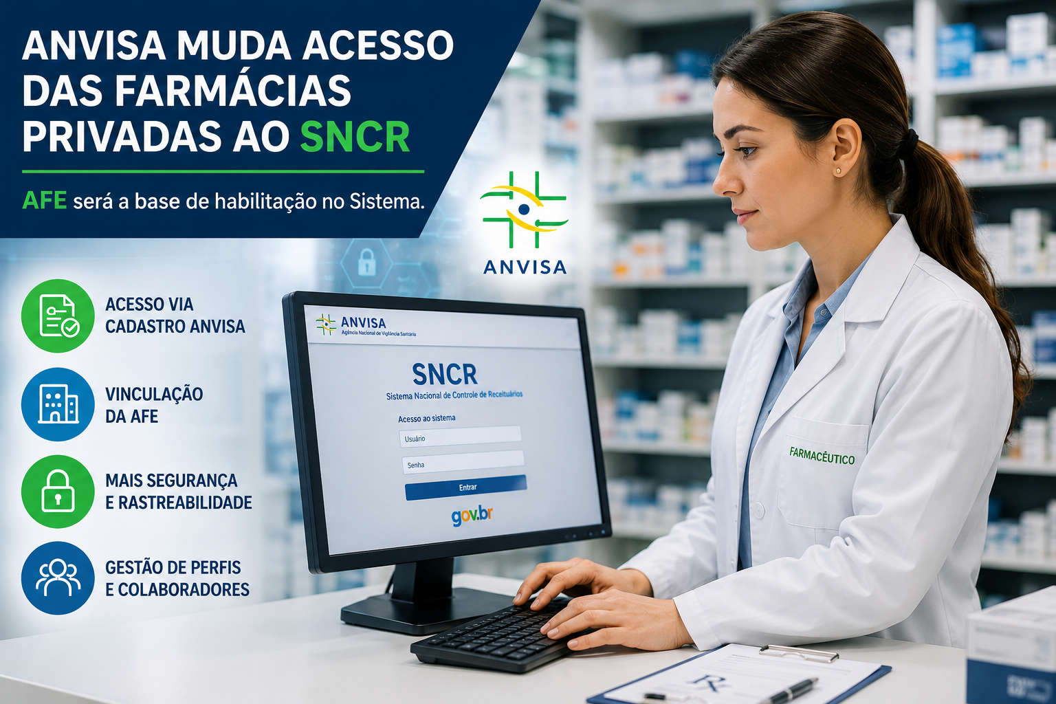 Farmacêutica acessando sistema eletrônico da Anvisa relacionado ao SNCR em uma farmácia privada.
