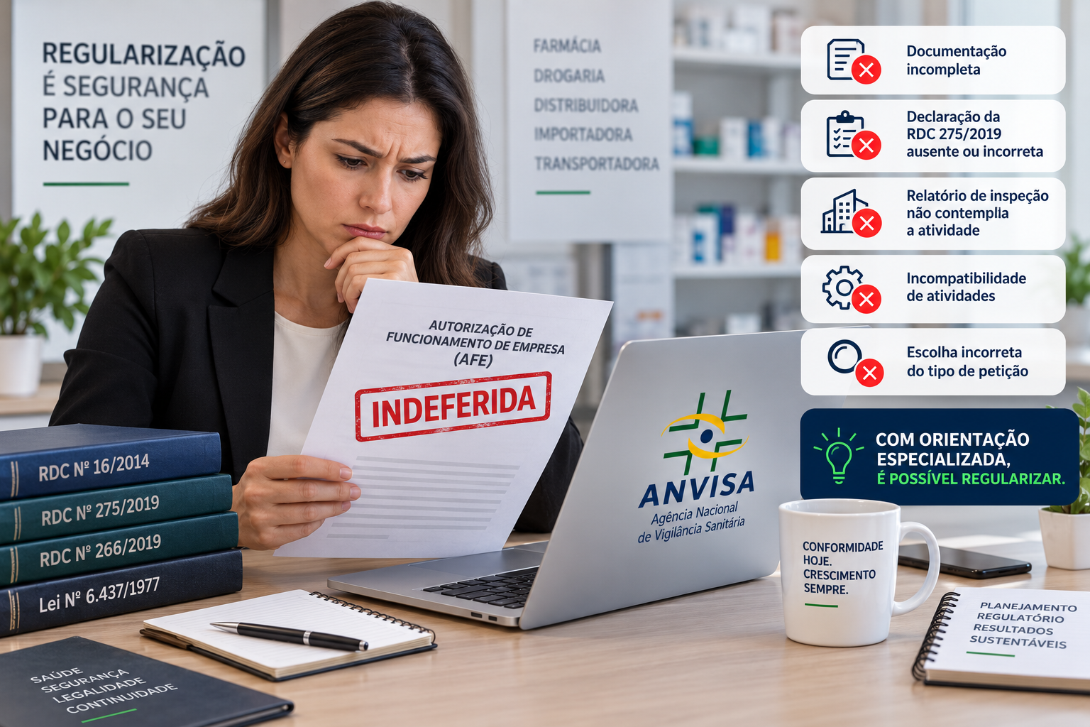 AFE indeferida pela Anvisa: empresária analisando documento de Autorização de Funcionamento de Empresa