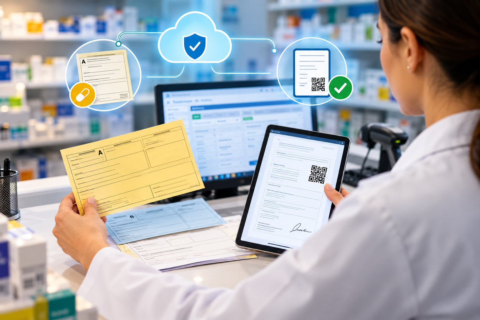 Farmacêutica conferindo receita controlada física e eletrônica no sistema SNCR